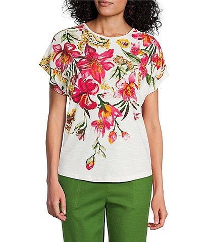 Investments Hanging Floral Short Sleeve Novelty Crew Neck Top