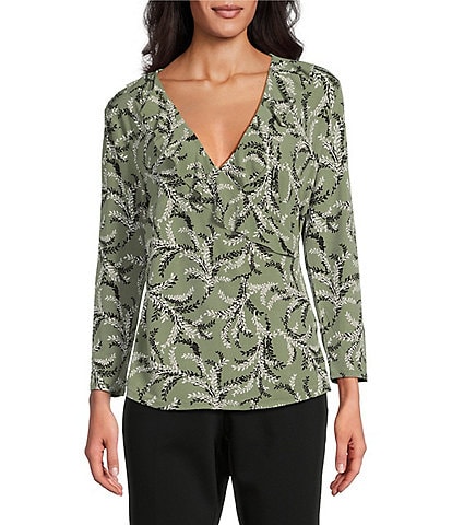 Investments Knit Dreamy Vines Print 3/4 Sleeve Ruffle V-Neck Faux Wrap Top