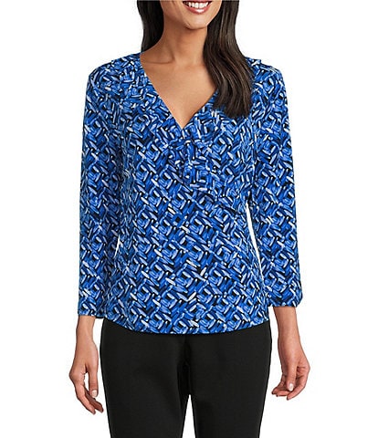 Investments Knit Layered Geometric Print 3/4 Sleeve Ruffle V-Neck Faux Wrap Top