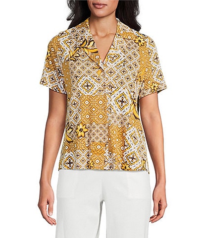 Investments Knit Mosaic Patchwork Short Sleeve Button Front Notch Collar Camp Top