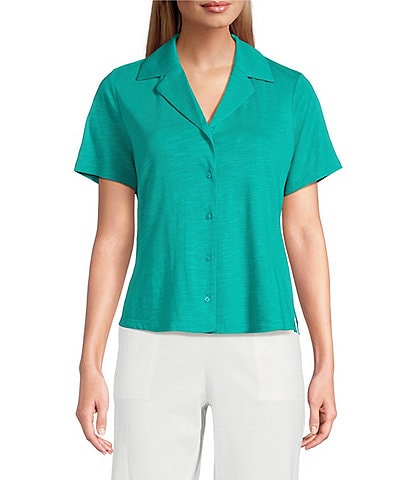 Investments Knit Short Sleeve Button Front Notch Collar Camp Top
