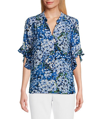 Investments Laikyn Signature Upbeat Bloom Print V-Neck 3/4 Ruffled Sleeve Top