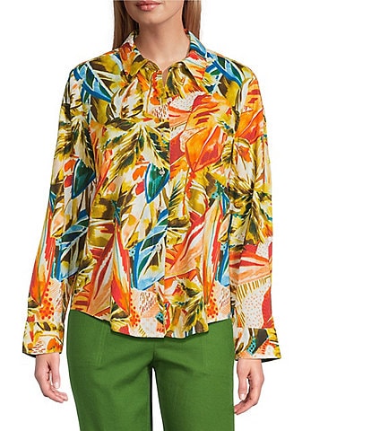 Investments Linen Blend Woven Palm Beach Multi Long Sleeve Point Collar Button Front Top