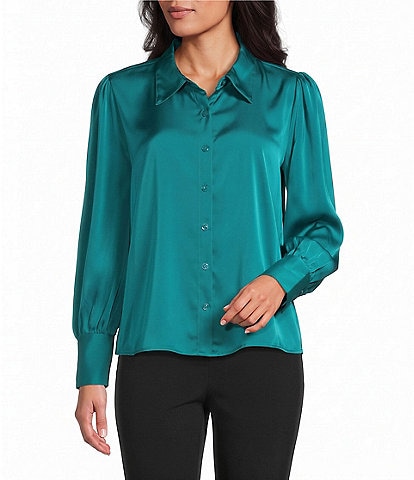 Investments Long Cuffed Sleeve Point Collar Button Down Satin Top