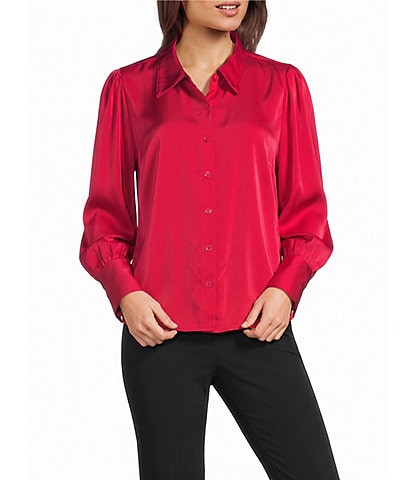 Investments Long Cuffed Sleeve Point Collar Button Down Satin Top