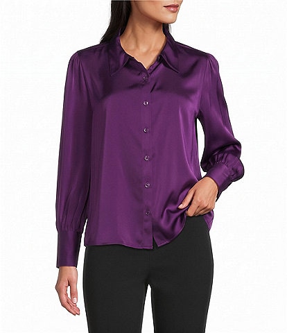 Investments Long Cuffed Sleeve Point Collar Button Down Satin Top