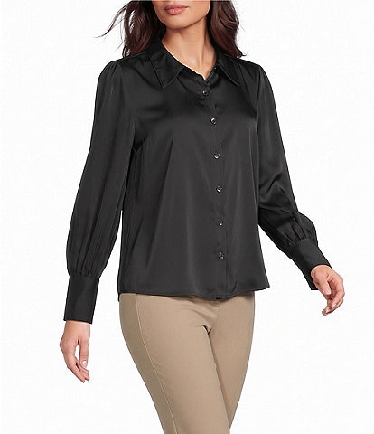 Investments Long Cuffed Sleeve Point Collar Button Down Satin Top