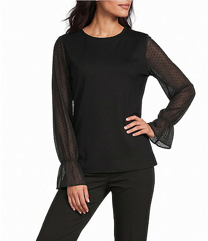 Investments Long Mesh Dot Sleeve Crew Neck Ponte Top