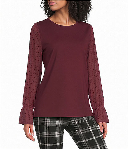 Investments Long Mesh Dot Sleeve Crew Neck Ponte Top