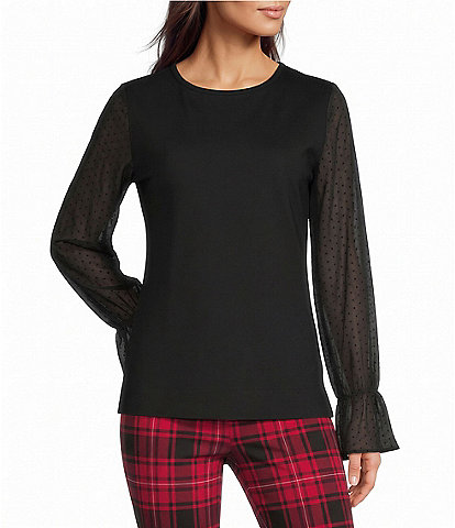 Investments Long Mesh Dot Sleeve Crew Neck Ponte Top