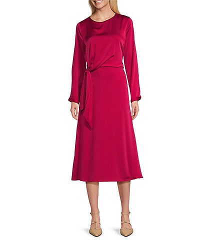 Investments Long Sleeve Crew Neck Faux Wrap Side Tie Midi Dress