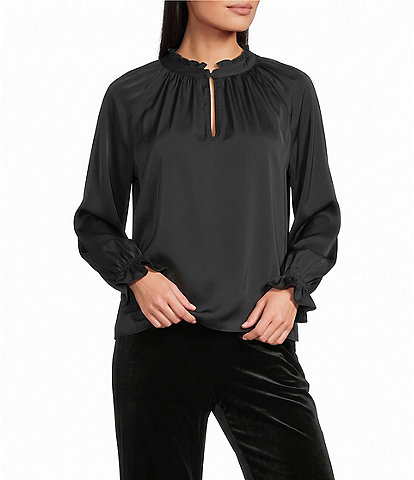 Investments Long Sleeve Ruffle Split Round Neck Button Satin Blouse