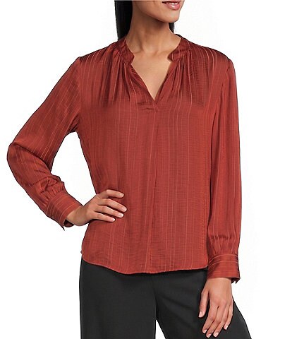 Investments Long Sleeve Split-V Neck Jacquard Blouse