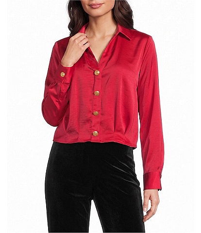 Investments Long Sleeve Y-Neck Button Front Satin Blouse