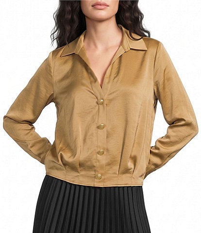 Investments Long Sleeve Y-Neck Button Front Satin Blouse