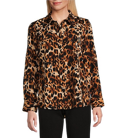 Investments Lovely Leopard Print Woven Long Sleeve Button Front Point Collar Top