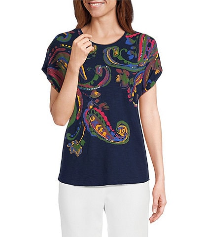 Investments Multi Paisley Short Sleeve Novelty Crew Neck Top