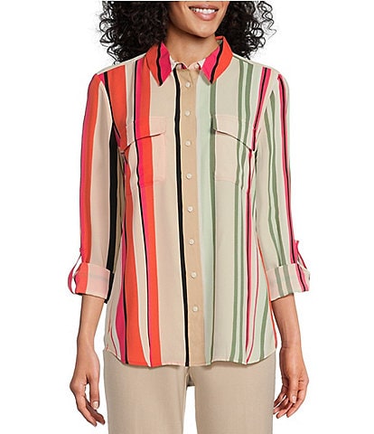 Investments Olivia Point Collar Poetic Stripe Long Roll-Tab Sleeve Button Front Utility Blouse