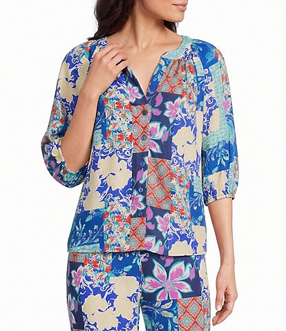 Investments Patchwork Floral Print 3/4 Cuff Sleeve Y-Neck Button Down Coordinating Blouse