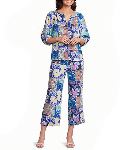 Investments Patchwork Floral Print Pull-On Wide Leg Crop Coordinating Pants