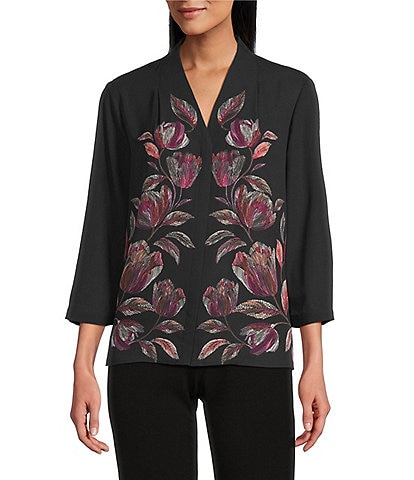 Investments Petite Caroline Signature Placed Floral Stitch Print 3/4 Sleeve Button Front Top