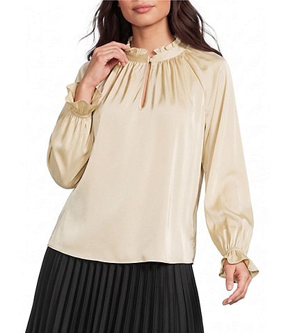 Investments Petite Long Sleeve Ruffle Split Round Neck Button Satin Blouse