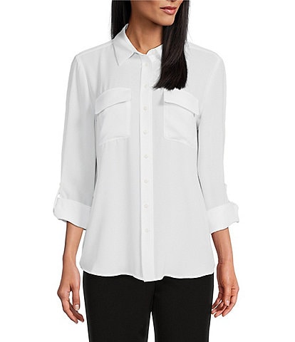Investments Petite Size Olivia Point Collar Long Roll-Tab Sleeve Button Front Utility Blouse