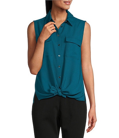Investments Petite Point Collar Sleeveless Button Tie Front Top