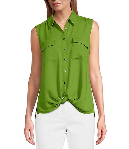 Investments Petite Point Collar Sleeveless Button Tie Front Top