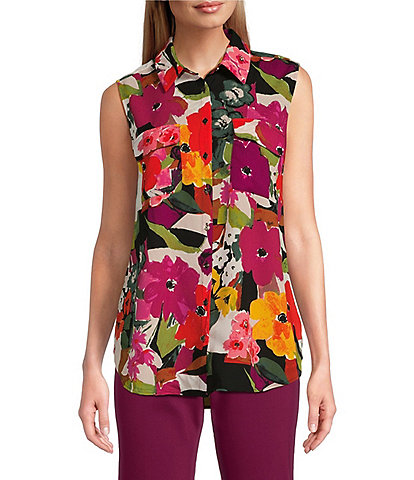 Investments Petite Point Collar Sleeveless Floral Button Tie Front Top