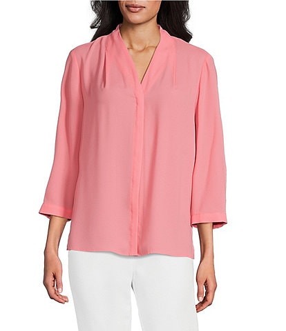 Investments Petite Size Caroline Signature V-Neck 3/4 Sleeve Button Front Blouse