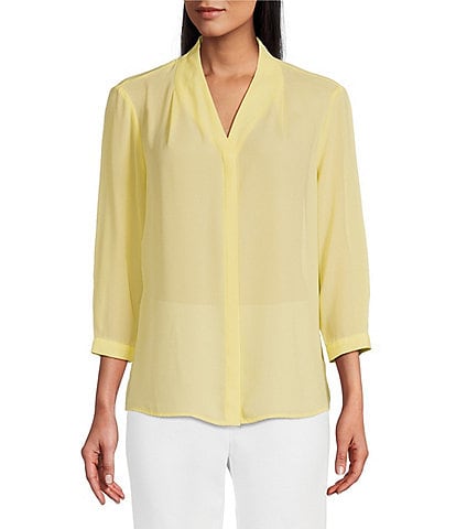 Investments Petite Size Caroline Signature V-Neck 3/4 Sleeve Button Front Blouse