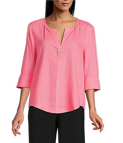 Investments Petite Size 3/4 Sleeve Split V-Neck Button Shirt