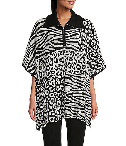 Investments Petite Size Animal Block Print Zip Point Collar Elbow Sleeve Poncho