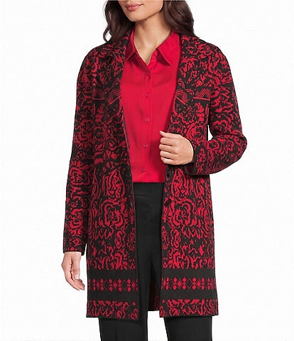 Investments Petite Size Black/Red Jacquard Long Sleeve Button Front Knit Cardigan