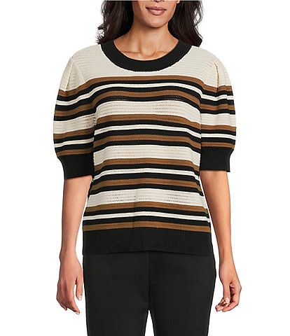 Investments Petite Size Buttercream Stripe Novelty Short Sleeve Crew Neck Sweater Top