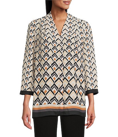 Investments Petite Size Caroline Signature Diamond Border V-Neck 3/4 Sleeve Button-Front Blouse