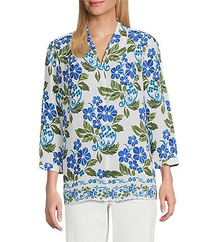 Investments Petite Size Caroline Signature Stamped Hibiscus V-Neck 3/4 Sleeve Button Front Blouse