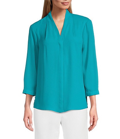 Investments Petite Size Caroline Signature V-Neck 3/4 Sleeve Button Front Blouse