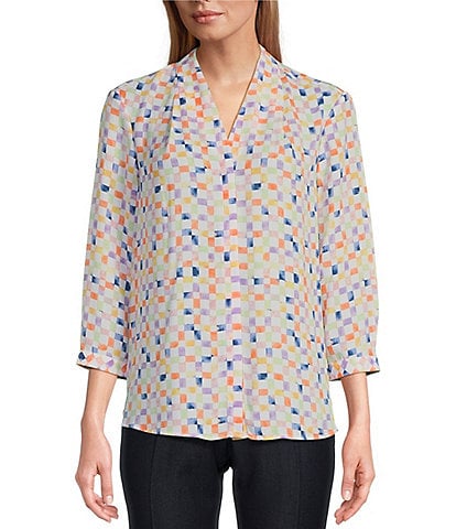 Investments Petite Size Caroline Signature Watercolor Gingham V-Neck 3/4 Sleeve Button-Front Top