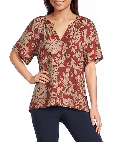 Investments Petite Size Chili Scroll Print Short Ruffle Sleeve Split-V Neck Blouse