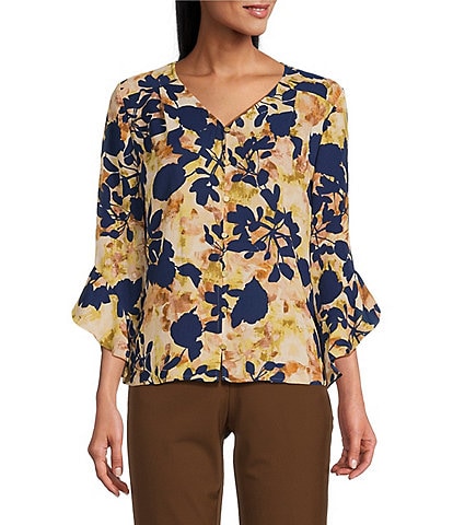 Investments Petite Size Abstract Floral Shadow Print Woven Faux Button Front V-Neck 3/4 Flare Ruffle Sleeve Top