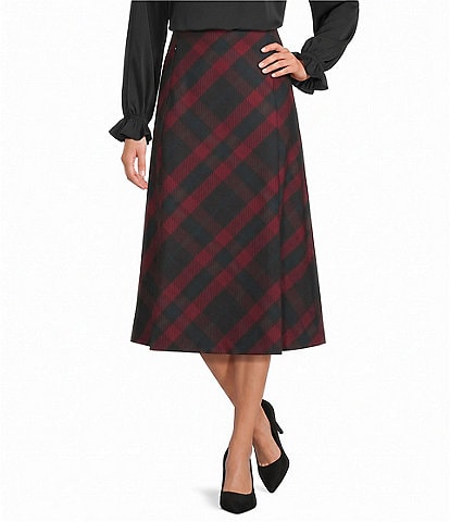 Investments Petite Size Holiday Plaid Pull-On Ponte Midi Skirt