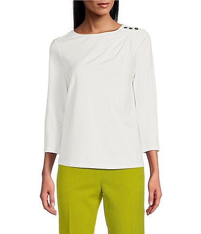 Investments Petite Size Knit 3/4 Sleeve Front Drape Crew Neck Top
