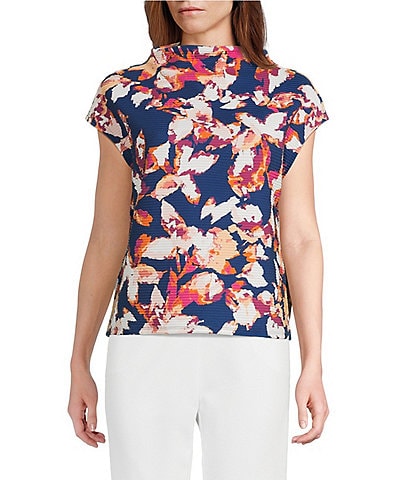Investments Petite Size Knit Blue Autumn Floral Short Sleeve High Neck Ottoman Top