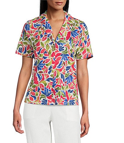Investments Petite Size Knit Folk Art Floral Short Sleeve Button Front Notch Collar Camp Top