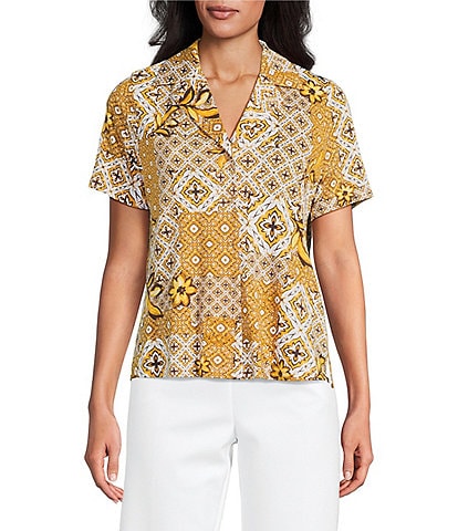 Investments Petite Size Knit Mosaic Patchwork Short Sleeve Button Front Notch Collar Camp Top