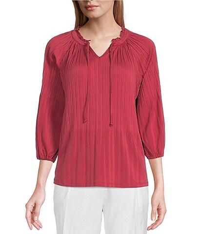 Investments Petite Size Knit Pleated Tie V-Neck 3/4 Sleeve Top