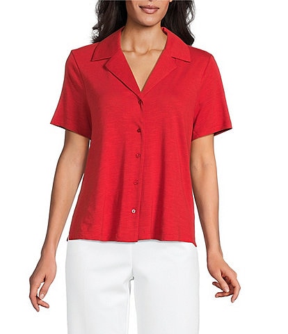 Investments Petite Size Knit Short Sleeve Button Front Notch Collar Camp Top