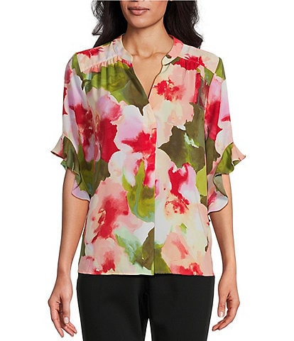 Investments Petite Size Laikyn Signature Floral Wash Print V-Neck 3/4 Ruffled Sleeve Top